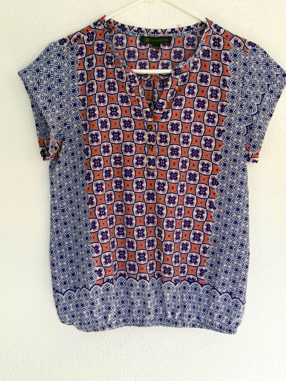 Outback Red Navy and Orange Geometric Short Sleeve Blouse size Small